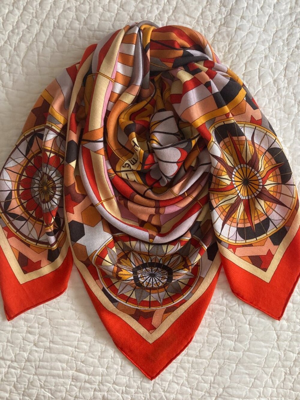 Hermes Rose de Compas Cashmere Silk Shawl Scarf